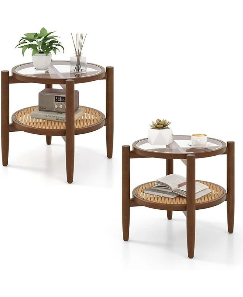 Sugift Set of 2 Rattan Round Side End Tables with Tempered Glass Tabletop 2-Tier Storage Design