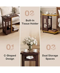 Tribesigns C-Shaped Side Table for Couch,Rolling Sofa End Table,2-Tier