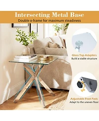 Sugift Square Glass End Table with Tempered Glass Top and Double X Metal Base
