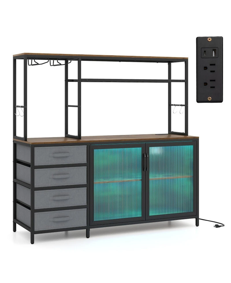 Sugift 55 Inch Bar Sideboard Cabinet with Rgb Led Lights Power Outlets and Wine Racks