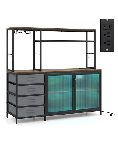 Sugift 55 Inch Bar Sideboard Cabinet with Rgb Led Lights Power Outlets and Wine Racks