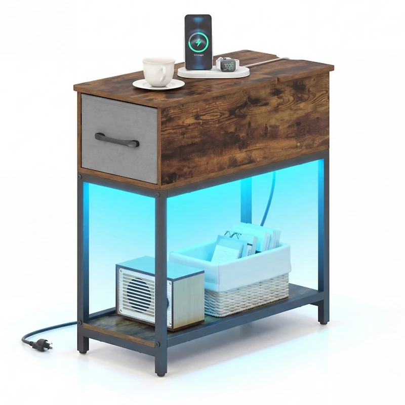 Sugift Industrial Narrow Side Table with Charging Station Led Lights and Fabric Drawer