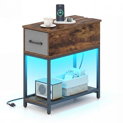 Sugift Industrial Narrow Side Table with Charging Station Led Lights and Fabric Drawer