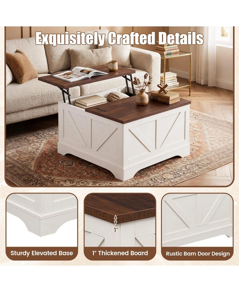 Sugift 31.5 Inch Square Lift Top Coffee Table Farmhouse Barn Door Design with Hidden Compartment