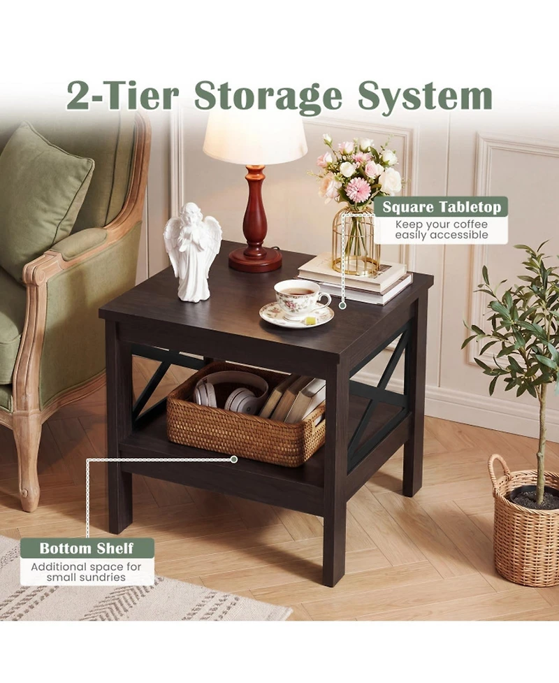 Sugift 2-Tier Square Side Table with Farmhouse X-Frame Legs and Bottom Storage Shelf
