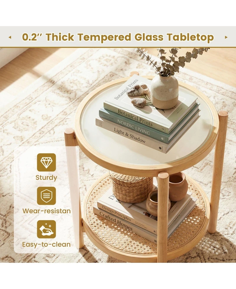 Sugift 2-Tier Round Boho End Table with Tempered Glass Top and Woven Shelf