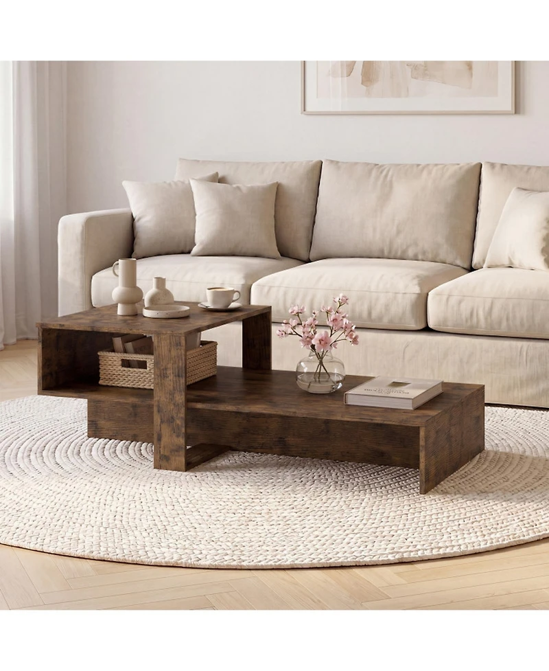 Sugift 2-Tier Modern Coffee Table with Irregular Silhouette and Open Storage Shelf
