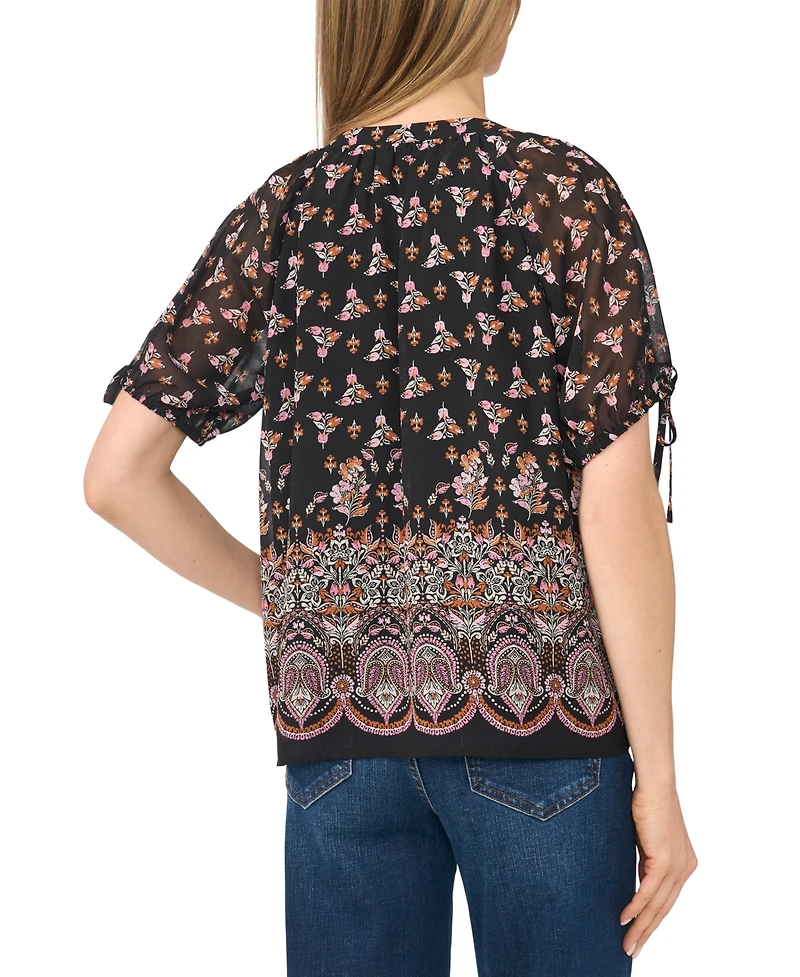 CeCe Women's Puff Raglan Short-Sleeve Tie Neck Floral-Print Blouse