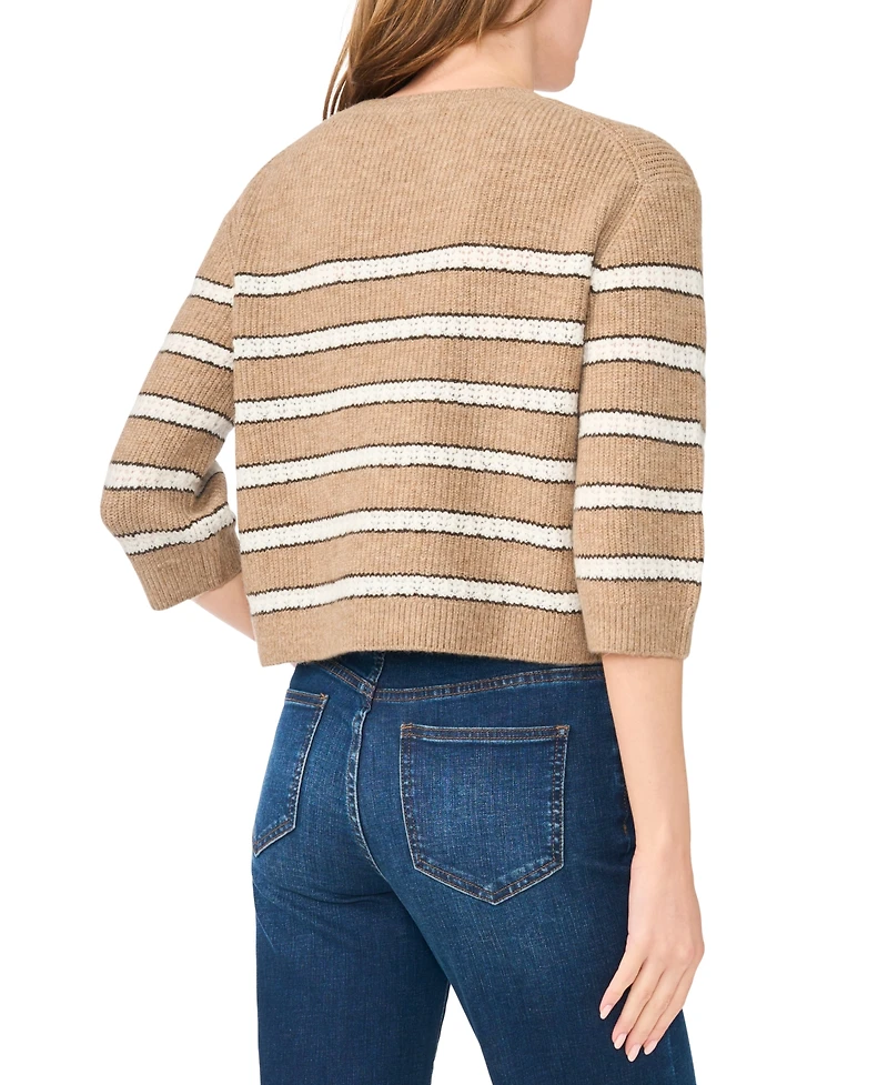 CeCe Women's Stripe Pointelle 3/4-Sleeve Crewneck Sweater
