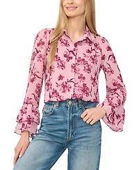 CeCe Women's Long-Sleeve Double-Ruffle Cuff Button-Down Floral-Print Blouse