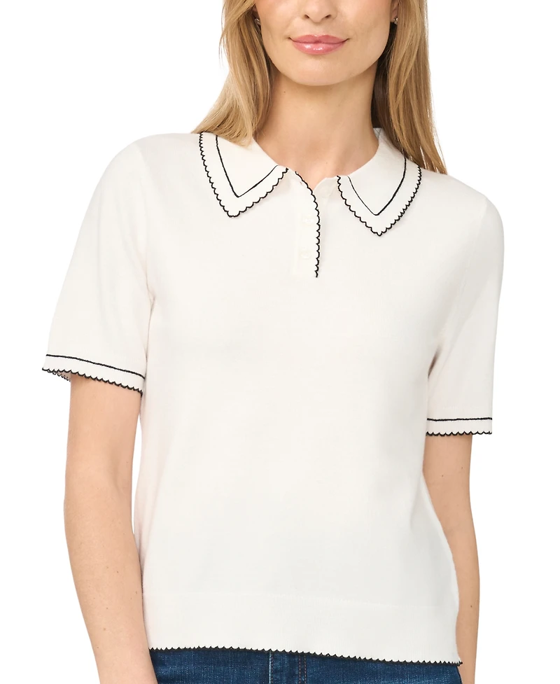 CeCe Women's Contrast-Stitch Short-Sleeve Polo Collared Sweater