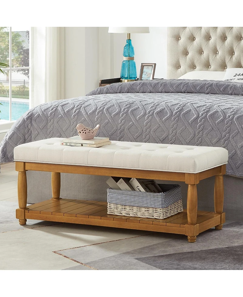 Streamdale Furniture Upholstered Linen Storage Bench with Shelf and Wood Legs