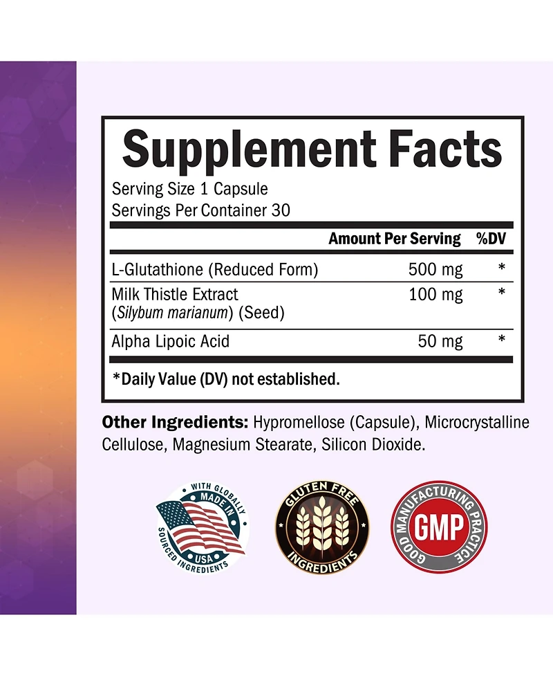 BioSchwartz Reduced Glutathione 500 Milligram with Alpha Lipoic Acid and Milk Thistle, 30 Capsules