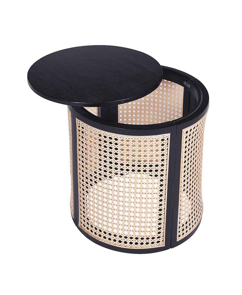 Flynama Round Rattan End Table, 15.7 Inch Woven Side Table with Rubber Wood Top, Small Nightstand for Living Room Bedroom