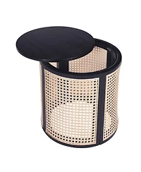 Flynama Round Rattan End Table, 15.7 Inch Woven Side Table with Rubber Wood Top, Small Nightstand for Living Room Bedroom
