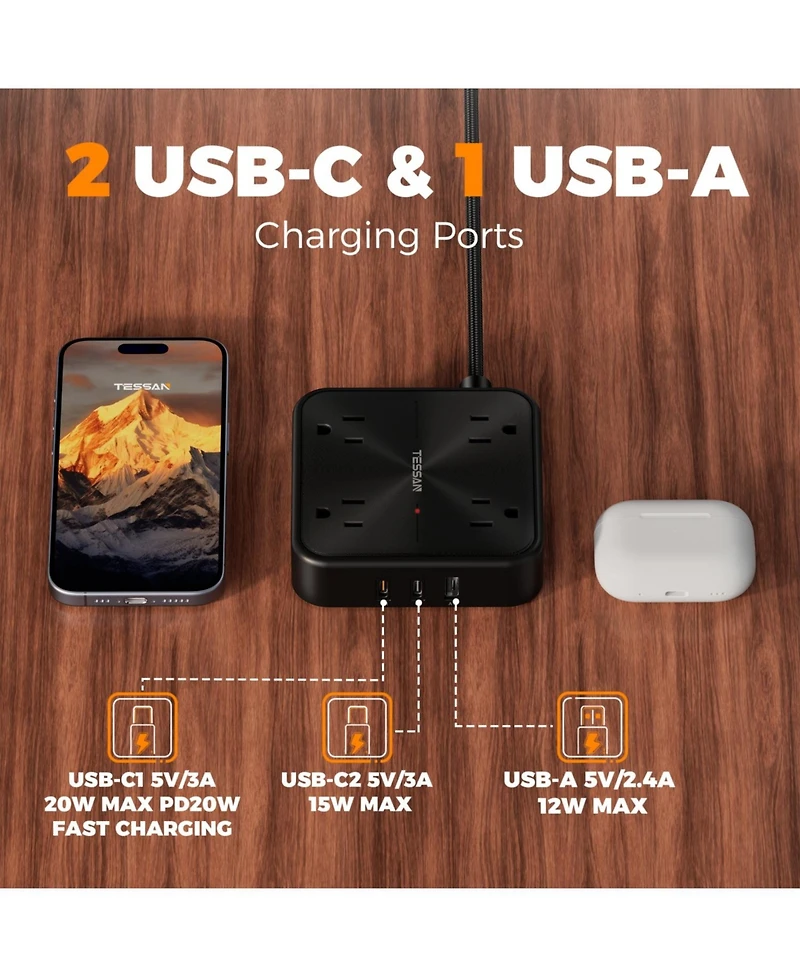Tessan 7-in-1 Power Strip, 4 Ac Outlets + 3 Usb Ports, 20W Usb-c, 1050J Surge Protection, 6 ft Cord for Home and Office