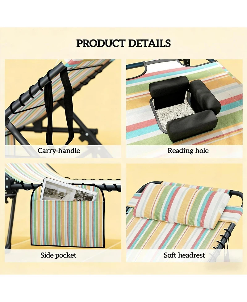 ECHTPeak 2 Piece Folding Chaise Lounge, with Face Hole, 5-Level Reclining Back, with Side Pocket and Headrest, for Beach, Yard, Patio