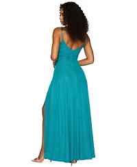 B Darlin Juniors' Glitter Ruched-Bodice Front-Slit Gown