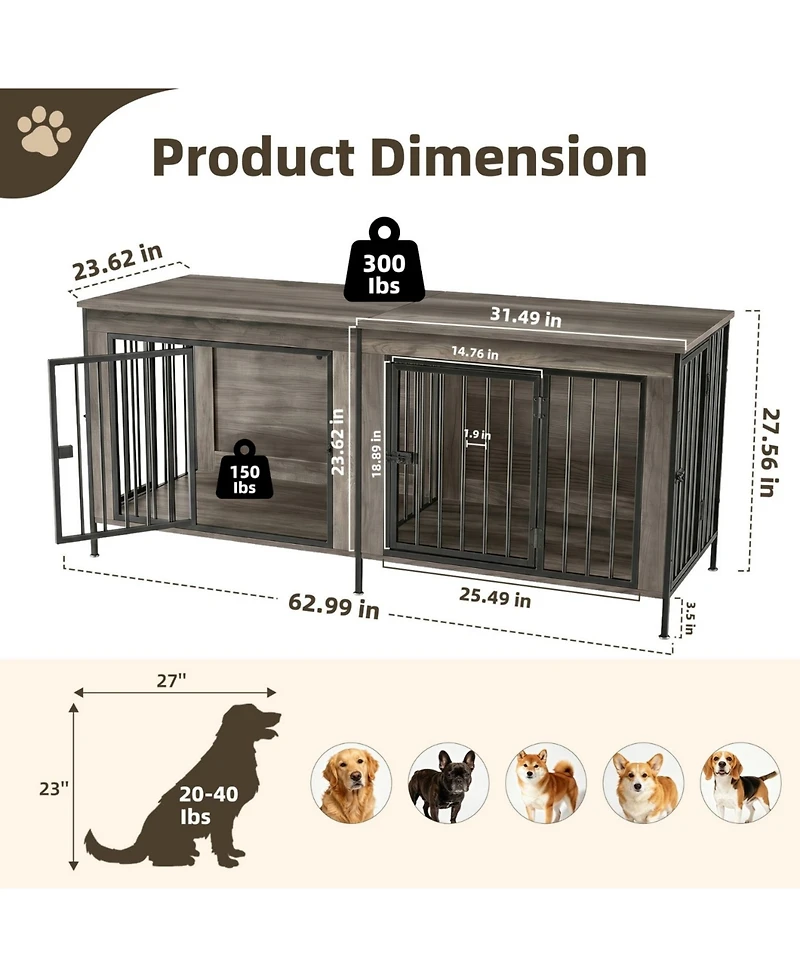 Zeny Double Dog Crate Furniture with Divider, Heavy Duty Pet Kennel End Table Tv Stand