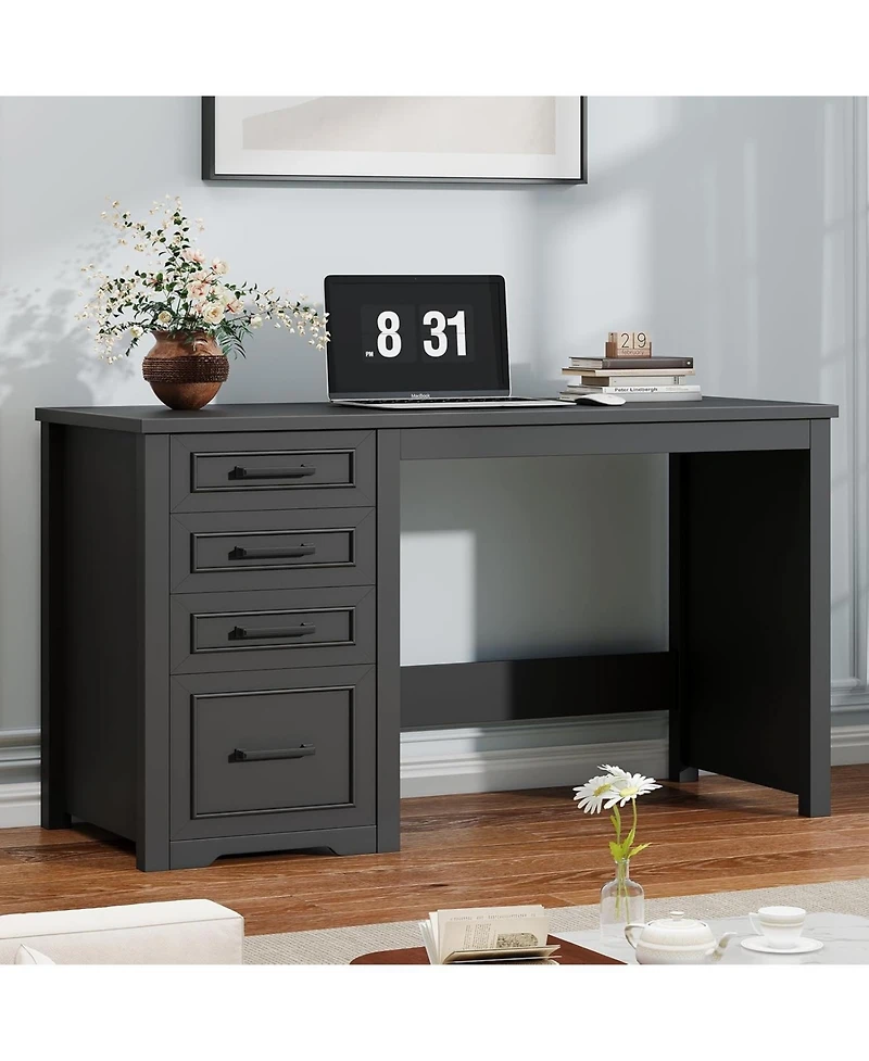 Vabches Farmhouse Executive Desk with Drawers and Charging Station for Home Office