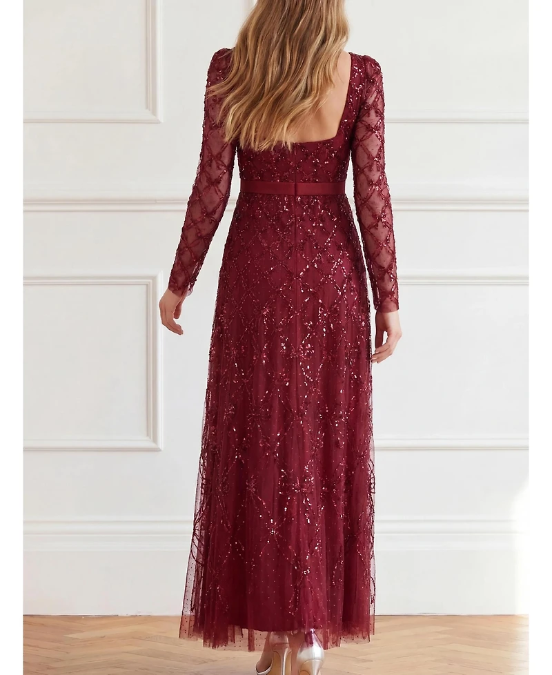 Needle & Thread Women's Bow Lattice Long Sleeve Sequin Gown