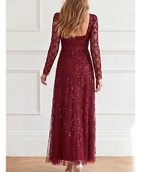 Needle & Thread Women's Bow Lattice Long Sleeve Sequin Gown