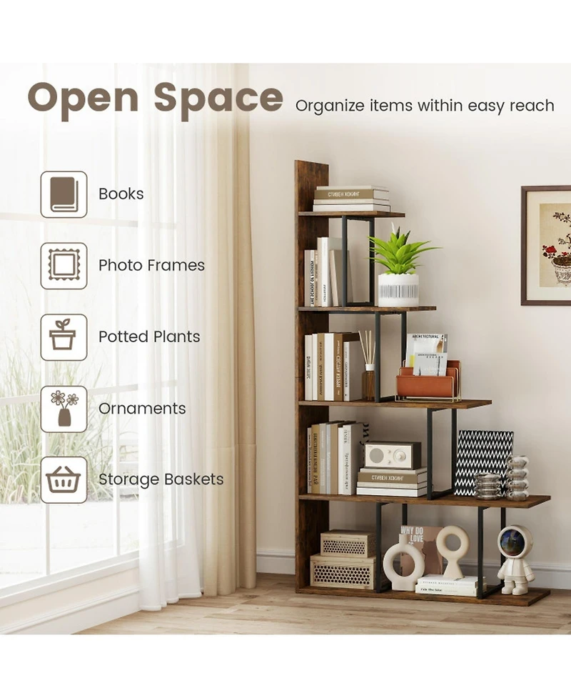 Sugift 5-Tier 62 in Tall Stepped Corner Bookshelf with Metal Frame