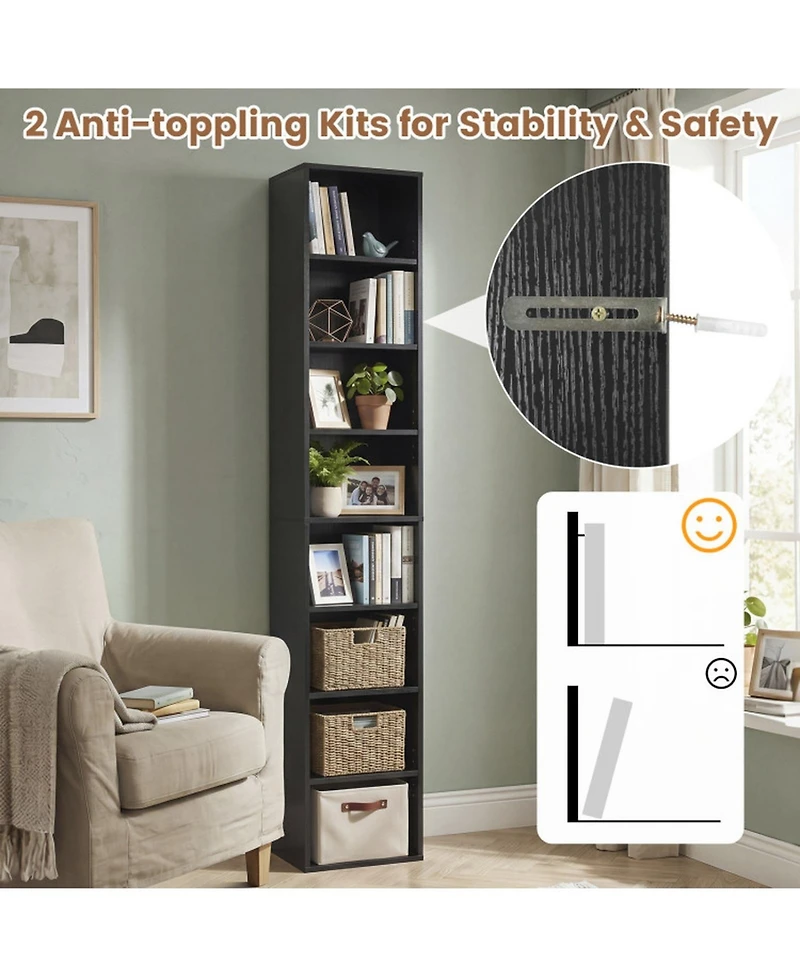 Sugift 8-Tier Narrow Bookshelf with 4 Adjustable Shelves and Storage Cubes