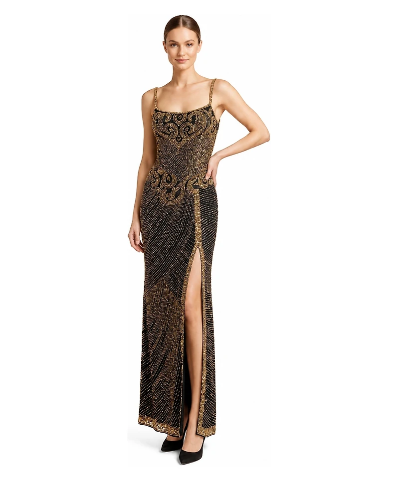 Lara Women's Spaghetti-Strap Beaded Gown with Side Slit