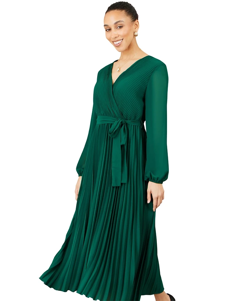 Yumi Women's Long-Sleeve V-Neck Pleated Wrap Midi Dress