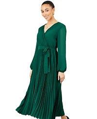 Yumi Women's Long-Sleeve V-Neck Pleated Wrap Midi Dress