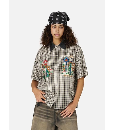 Aelfric Eden Women's Short-Sleeve Plaid Embroidered Button-Down Shirt