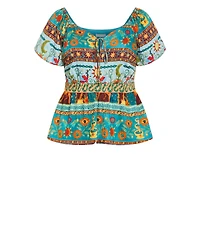 City Chic Plus Amaria Puff-Sleeve Print Tie-Front Top