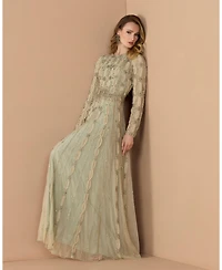 Mac Duggal Women's Embellished Mesh Long Sleeve Evening Gown