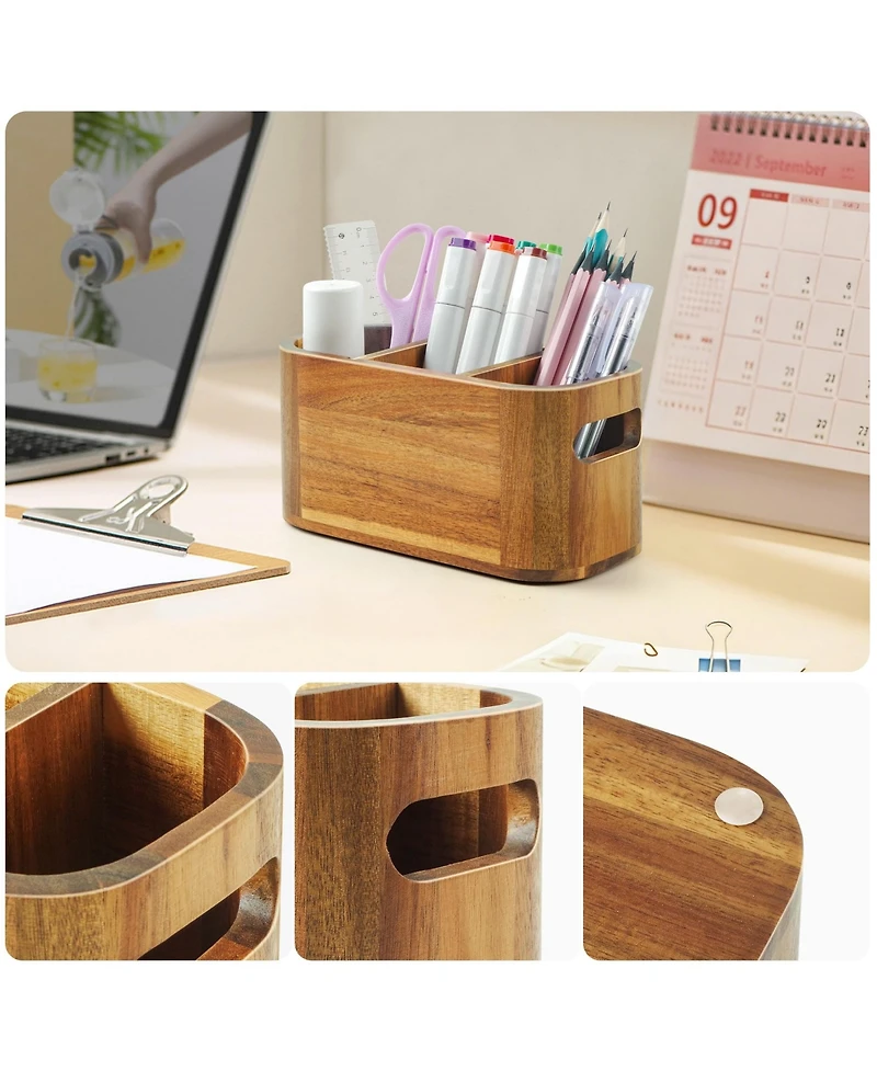 Danrong Natural Wood Desk Pen Holder 3 Slot Versatile Desktop Organizer