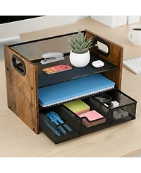 Danrong Wood Desk Organizer 3 Tier Desktop File Tray With Drawer Office Storage For Papers Stationery