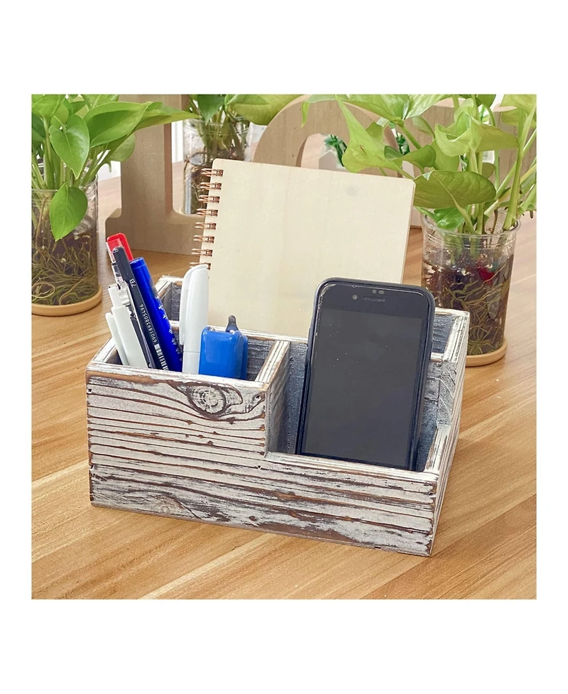 Danrong Rustic Solid Wood Desk Organizer 3 Compartment Pen Pencil Holder For Home Office