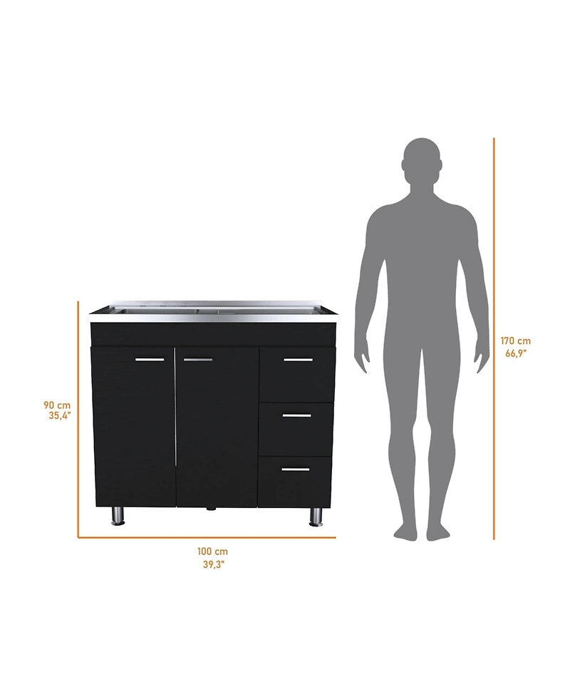 Fm Furniture Darien Melamine Base Cabinet, Three Drawers And Stainless Steel Top