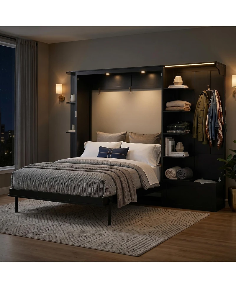 Clihome Queen Murphy Bed with Storage and Lights, Hidden Fold-Out Legs, Oak Veneer Finish, Built-in Shelves Cabinets