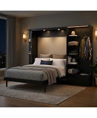Clihome Queen Murphy Bed with Storage and Lights, Hidden Fold-Out Legs, Oak Veneer Finish, Built-in Shelves Cabinets