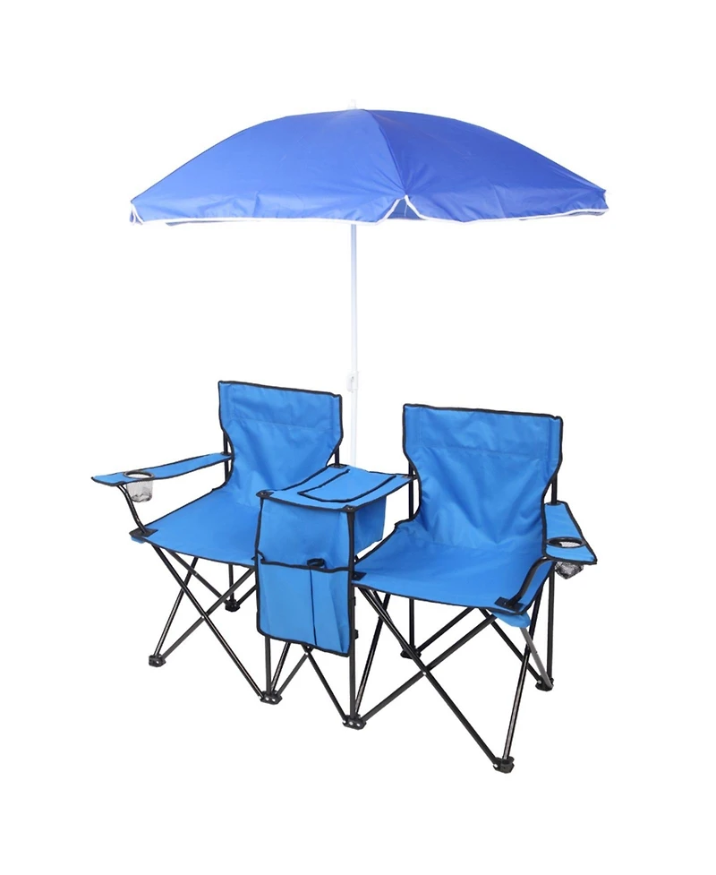 Mountaintop Double Folding Picnic Chairs w/Umbrella Mini Table Beverage Holder Carrying Bag for Beach Patio Pool