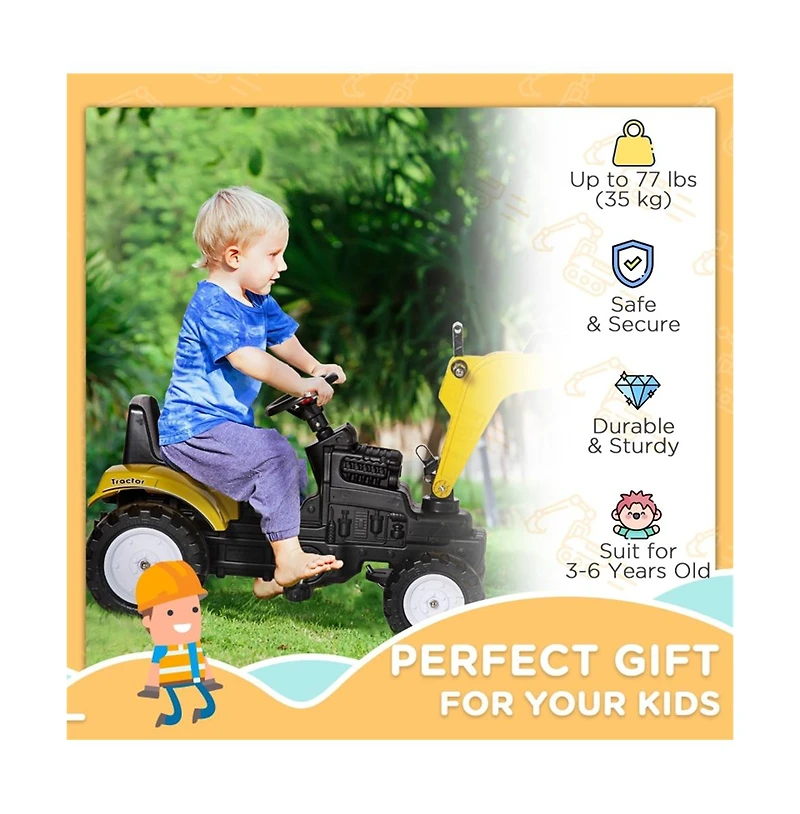 Sevorley Toddler Foot-To-Floor Ride-On Excavator with Working Bucket and Horn, 42.25"L x 16.5"W x 28"H, Ages 6+
