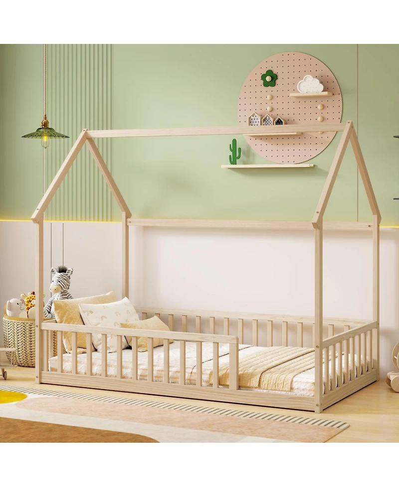 Streamdale Furniture Twin House Floor Bed with Roof and Guardrails