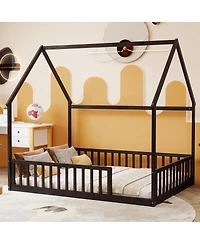 Streamdale Furniture Full Size House Floor Bed with Roof, Guardrails