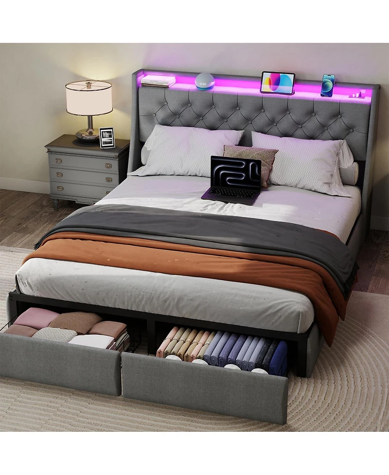Streamdale Furniture Queen Led Upholstered Platform Bed with Storage Drawers and Charging Station