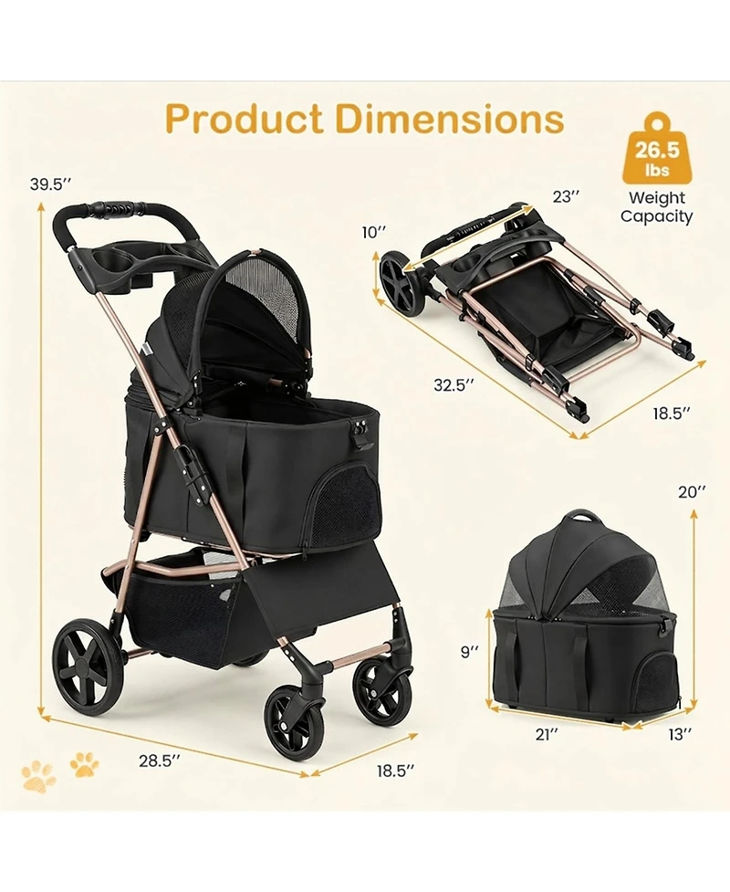 Sugift 3-in-1 Pet Stroller for Small and Medium Dogs with Detachable Carrier and Cup Holder