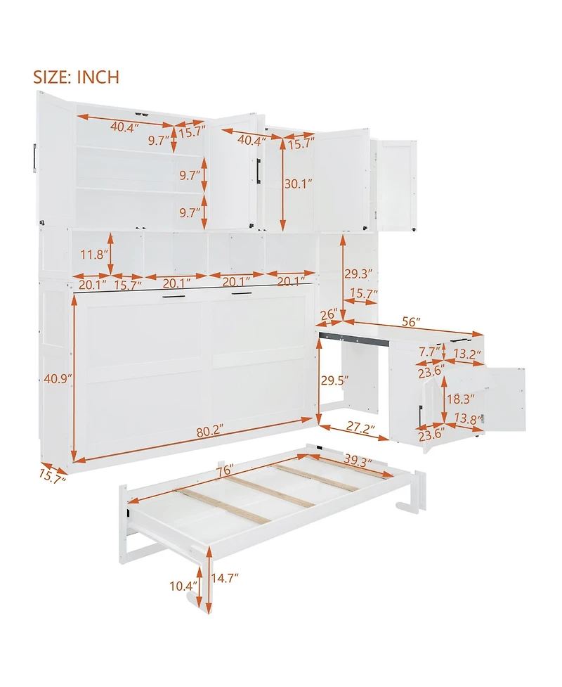 Clihome Twin Size Murphy Bed Wall Bed with Closet , Drawers and Desk