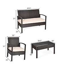 Sugift 4-Piece Patio Rattan Conversation Set with Loveseat 2 Chairs and Coffee Table