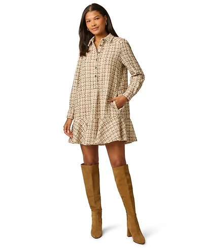 Adrianna Papell Women's Hailey Tweed Long-Sleeve Ruffled-Hem Shirt Dress