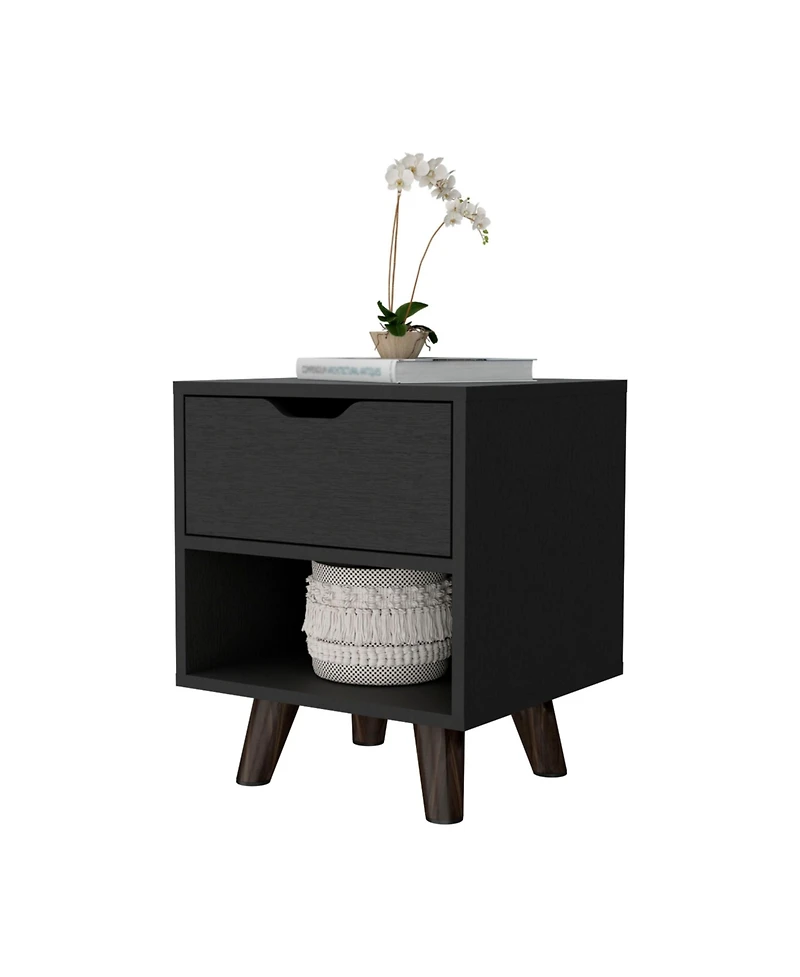Flynama 1-Drawer Nightstand with Open Shelf and Wooden Legs